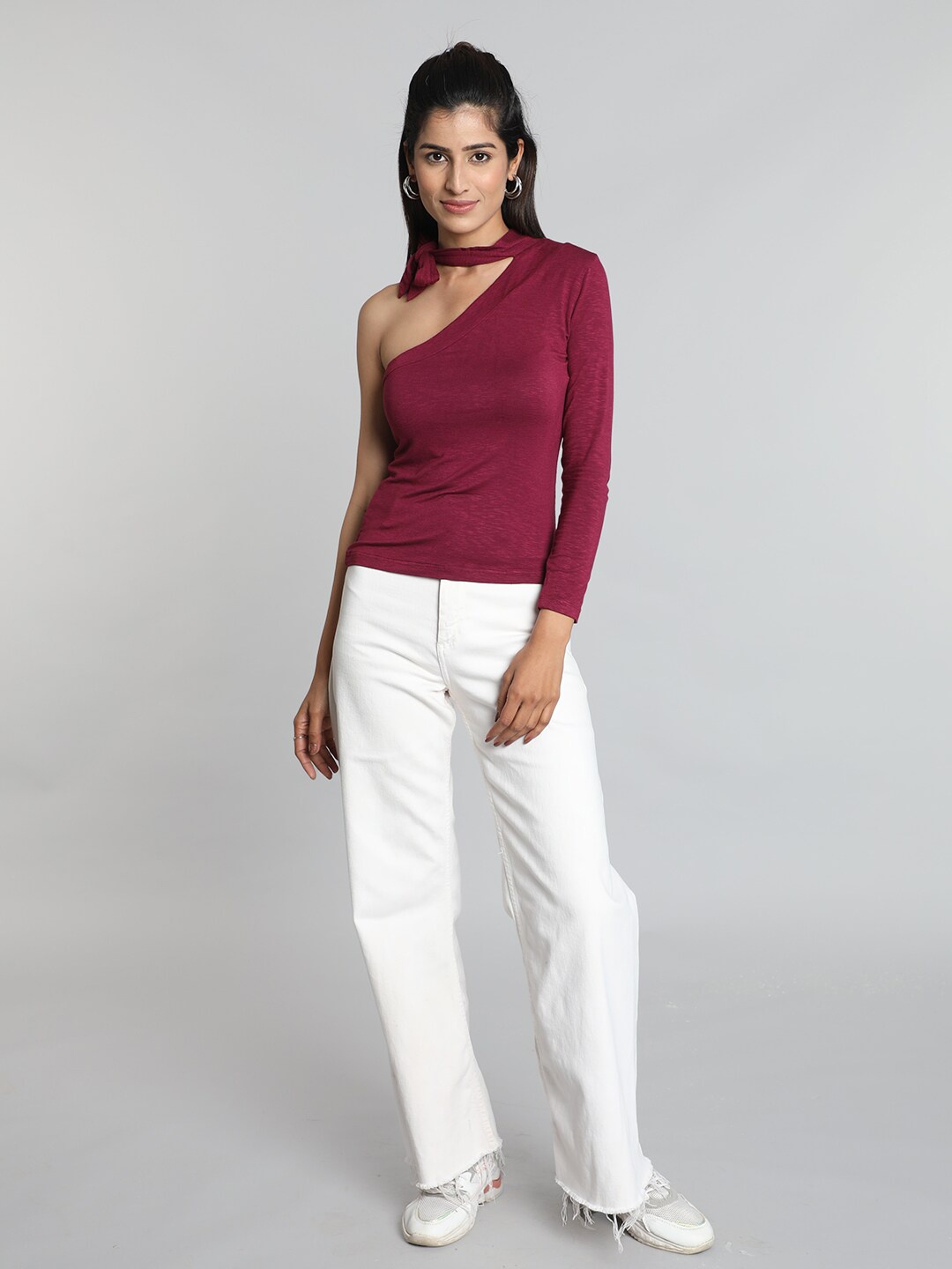 

Pomegal One shoulder Tie Up Cotton Top, Maroon