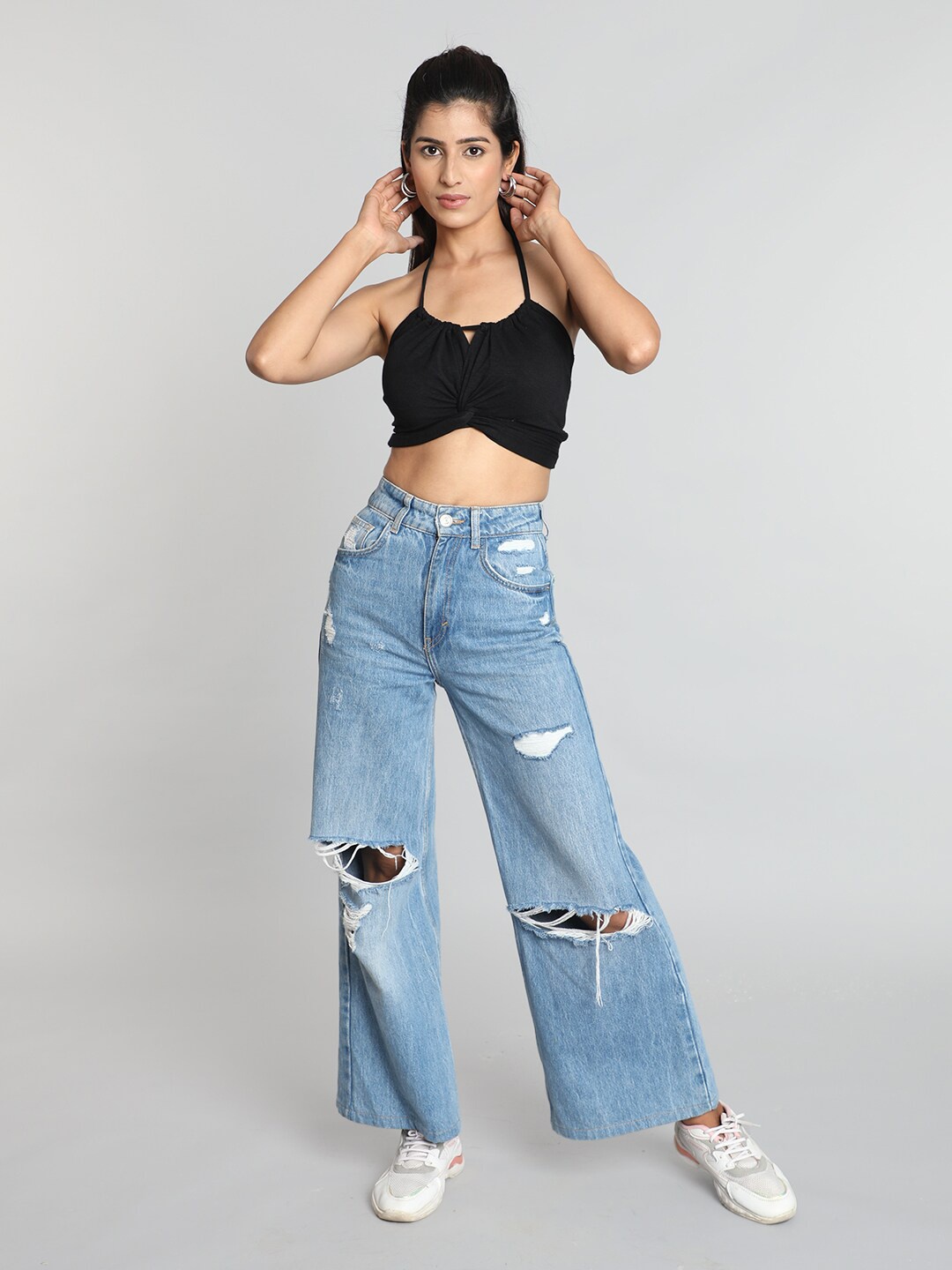 

Pomegal Halter Neck Twisted Cotton Bralette Crop Top, Black