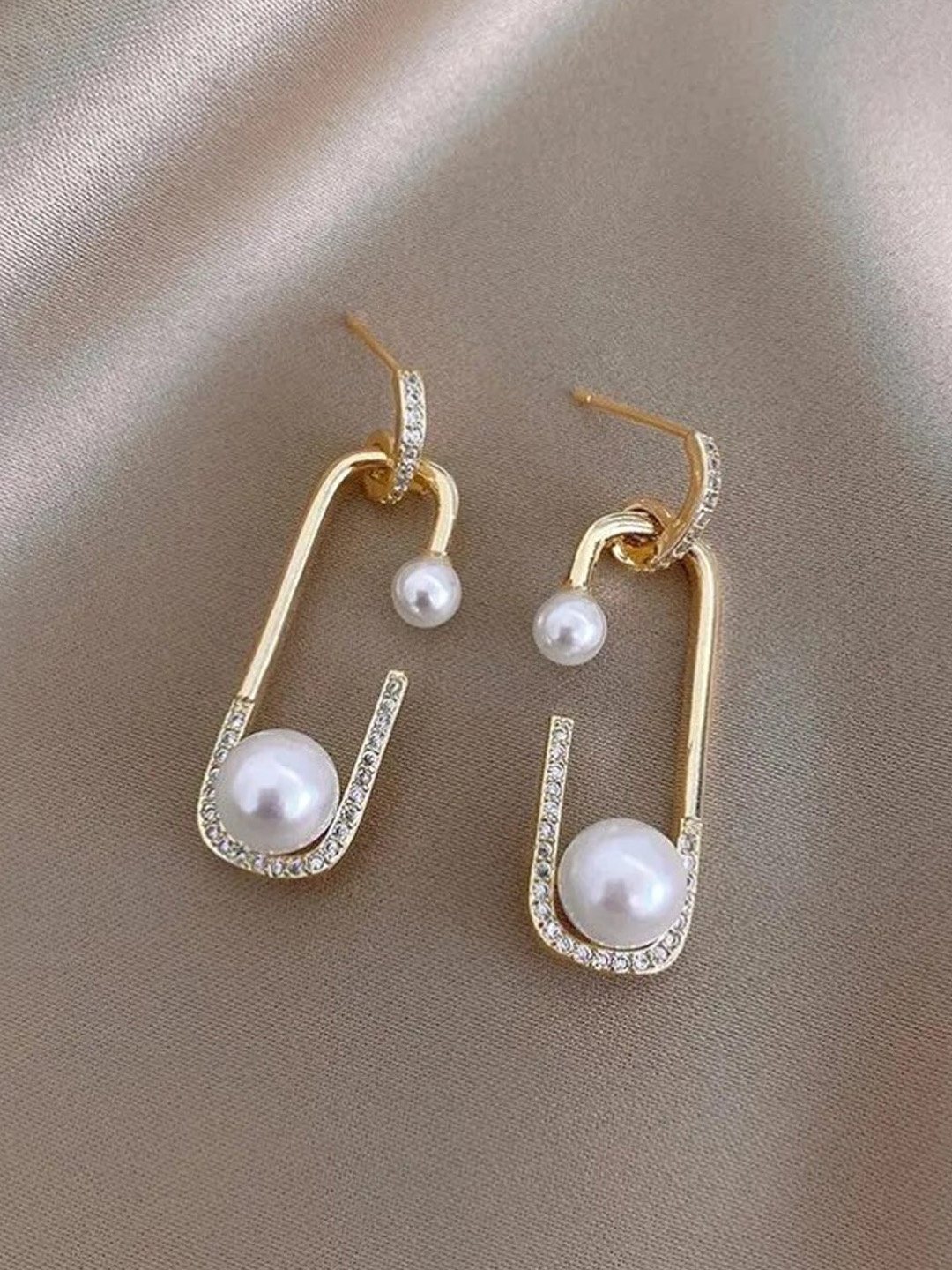 

Krelin Gold Plated Beaded & Stone Studded Geometric Drop Earrings