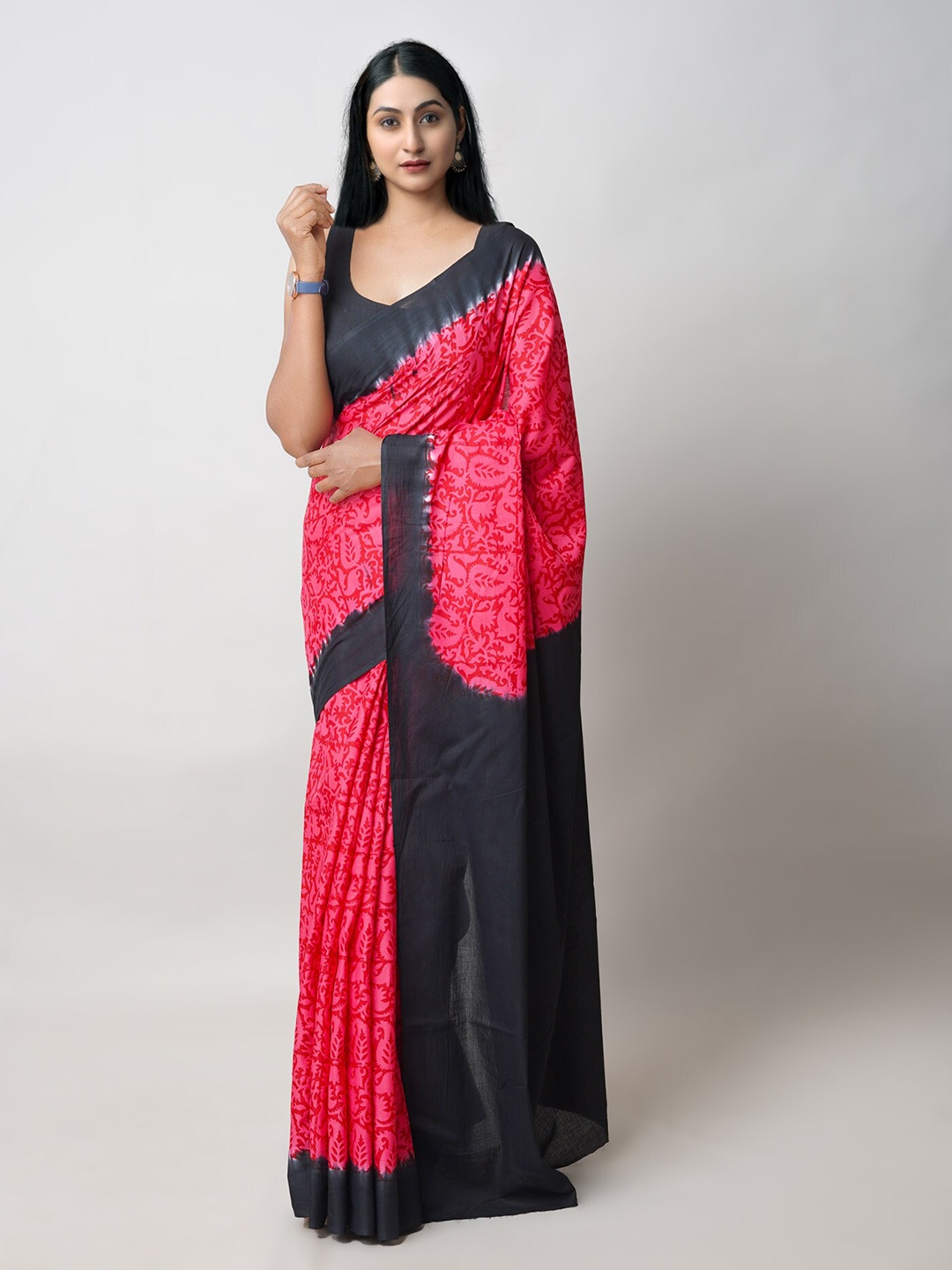 

Unnati Silks Ethnic Motifs Handloom Block Print Saree, Pink