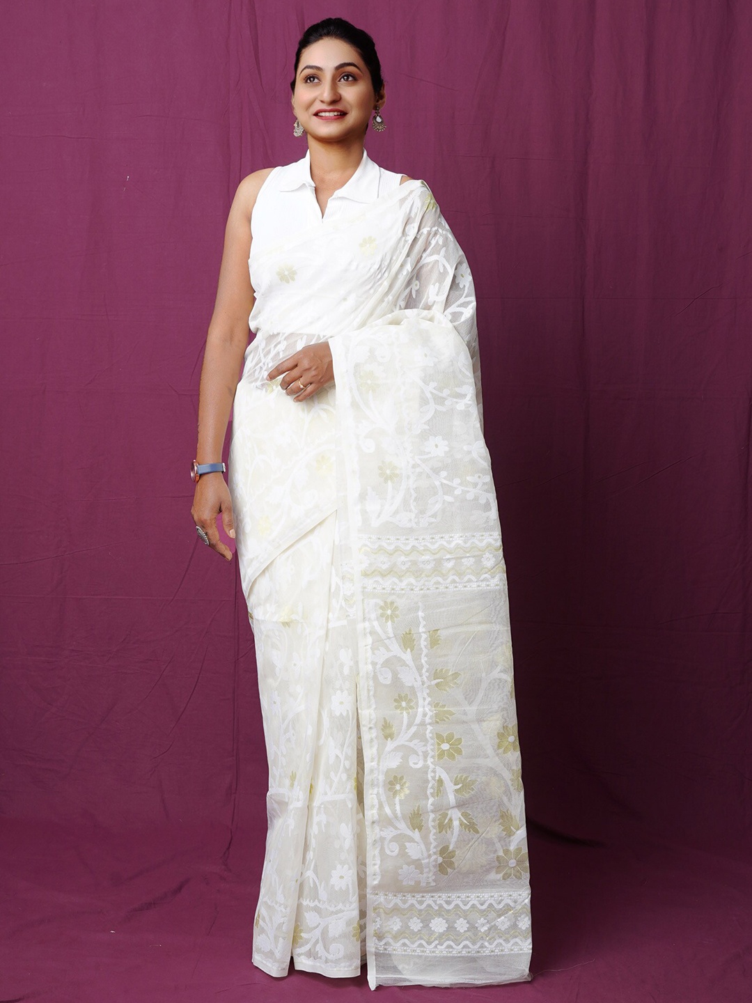 

Unnati Silks Ethnic Motifs Pure Cotton Handloom Jamdani Saree, White