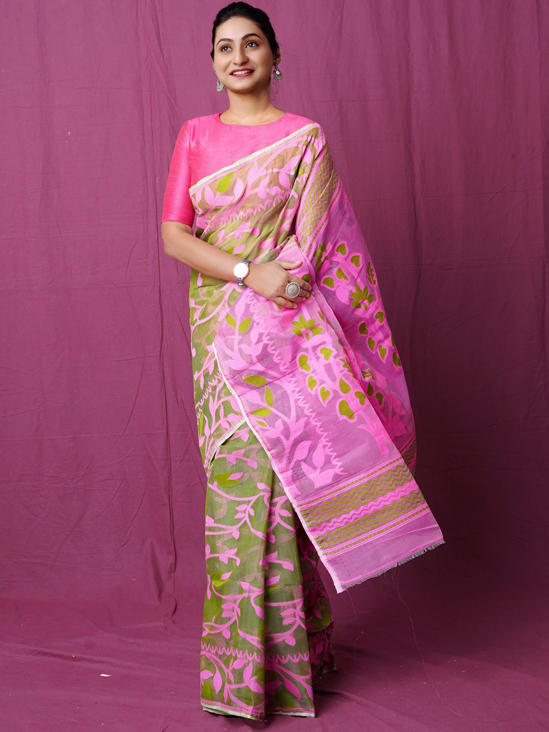 

Unnati Silks Ethnic Motifs Pure Cotton Handloom Jamdani Saree, Green