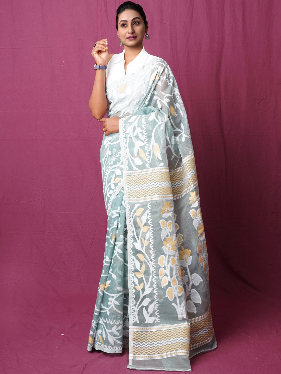 

Unnati Silks Woven Design Pure Cotton Handloom Jamdani Saree, Green