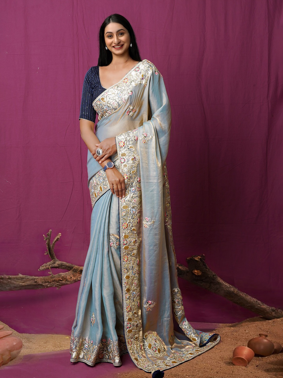 

Unnati Silks Ethnic Motifs Zardozi Silk Blend Handloom Bhagalpuri Saree, Blue