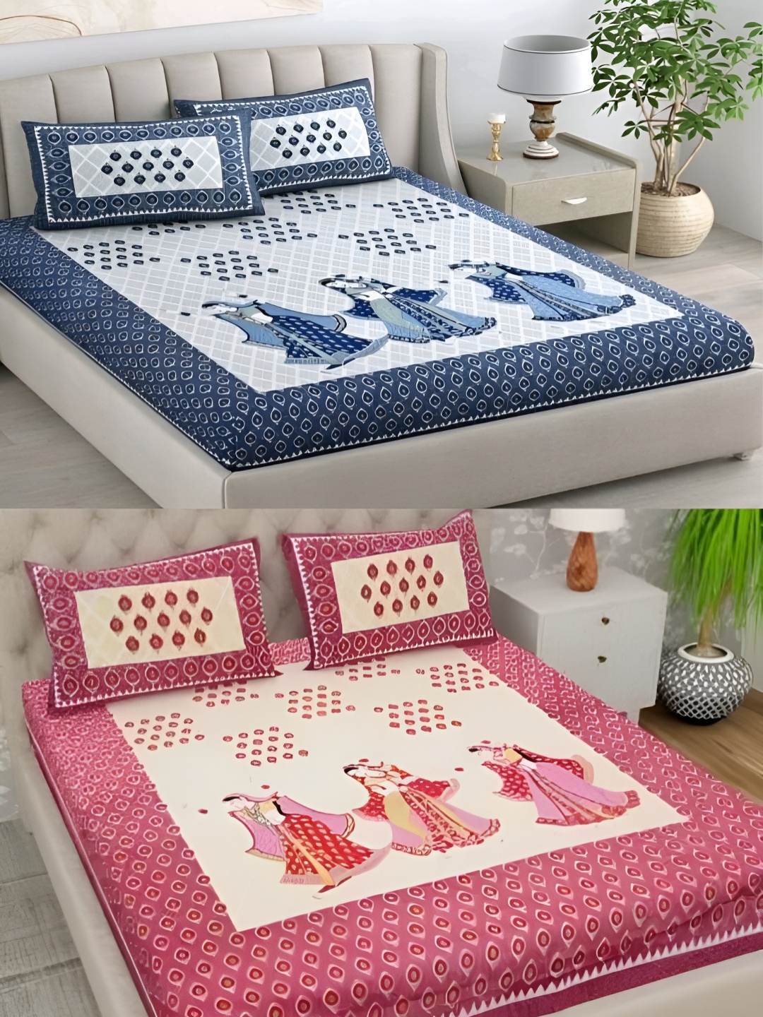 

Runjhun Blue & Pink Floral 144 TC 2 Queen Bedsheet with 4 Pillow Covers