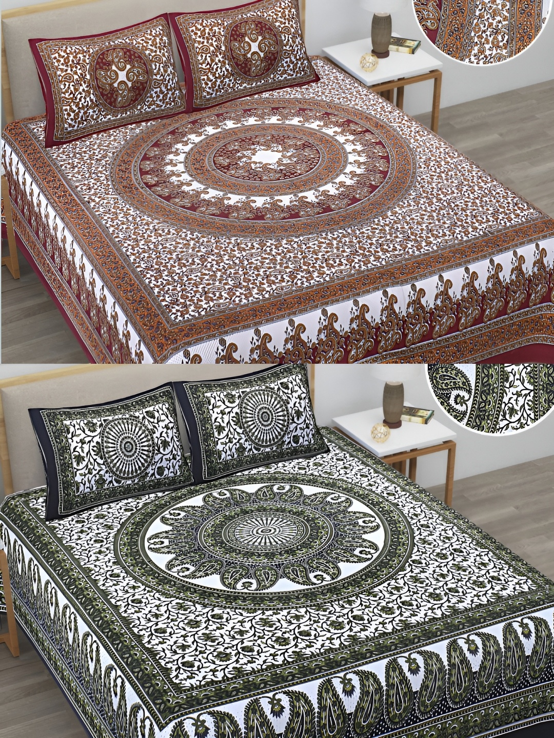 

Runjhun Green & Brown Floral 144 TC 2 Queen Bedsheet with 4 Pillow Covers