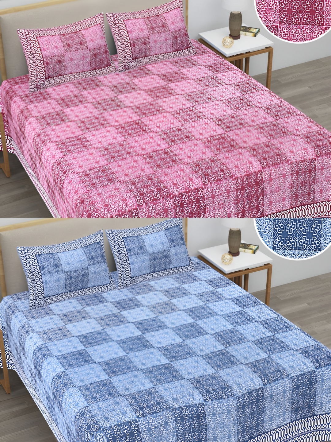 

Runjhun Blue & Pink Ethnic Motifs 144 TC 2 Queen Bedsheet with 4 Pillow Covers