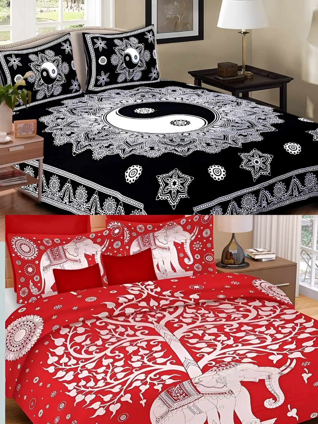 

Runjhun Red & Black Floral 144 TC 2 Queen Bedsheet with 4 Pillow Covers