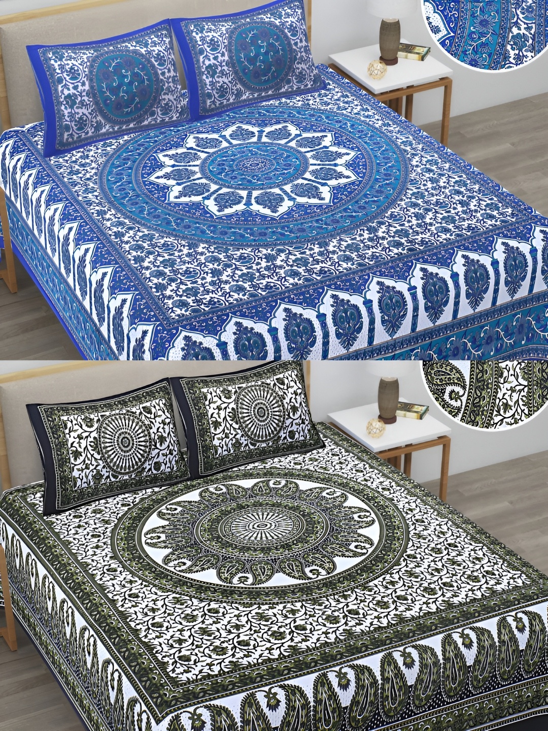 

Runjhun Blue & Grey Floral 144 TC 2 Queen Bedsheet with 4 Pillow Covers