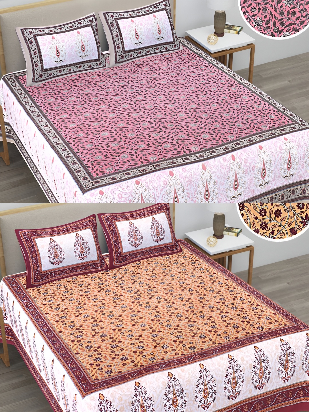 

Runjhun Orange & Pink Floral 144 TC 2 Queen Bedsheet with 4 Pillow Covers