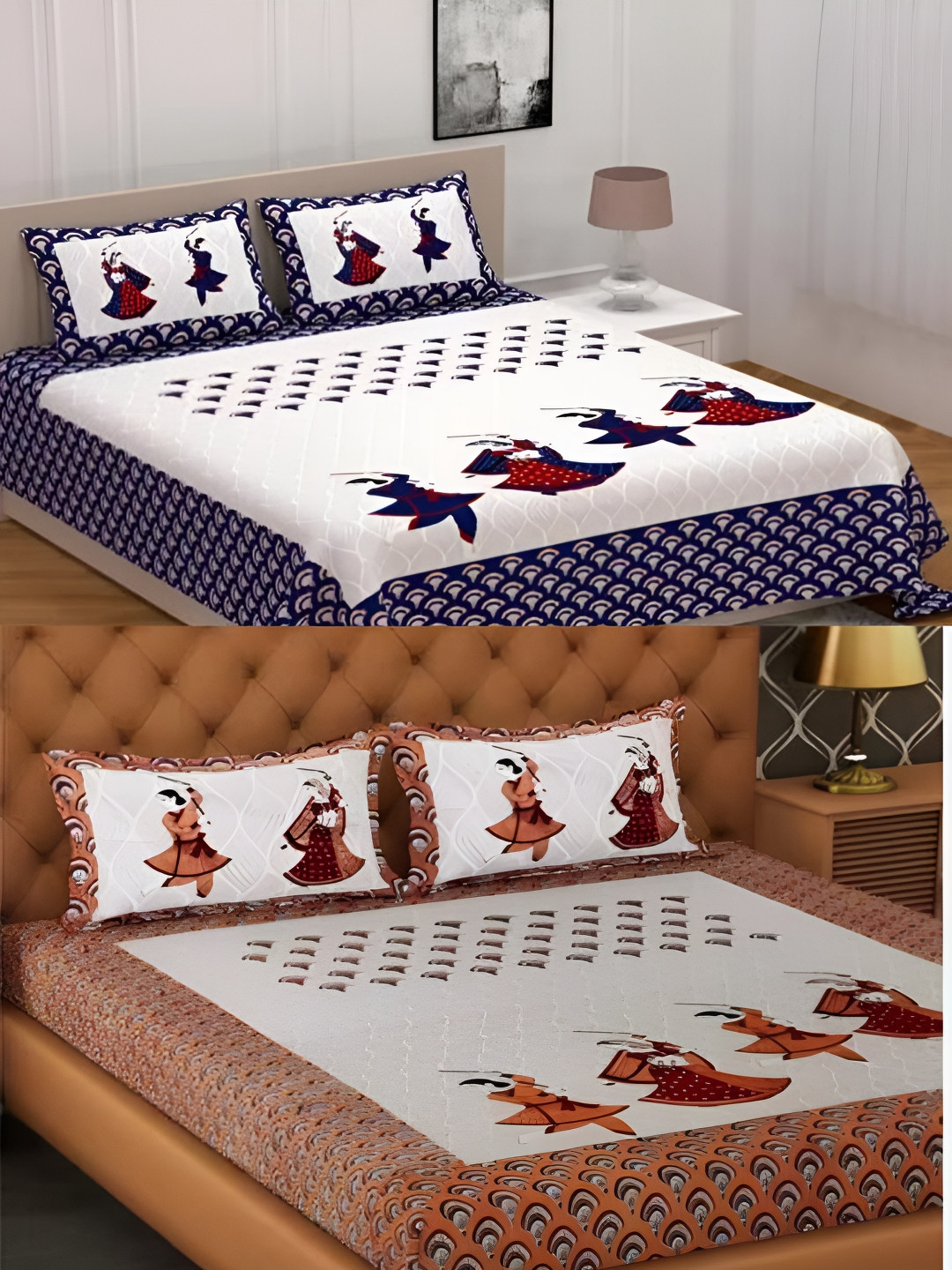 

Runjhun White & Blue Ethnic Motifs 144 TC 2 Queen Bedsheet with 4 Pillow Covers