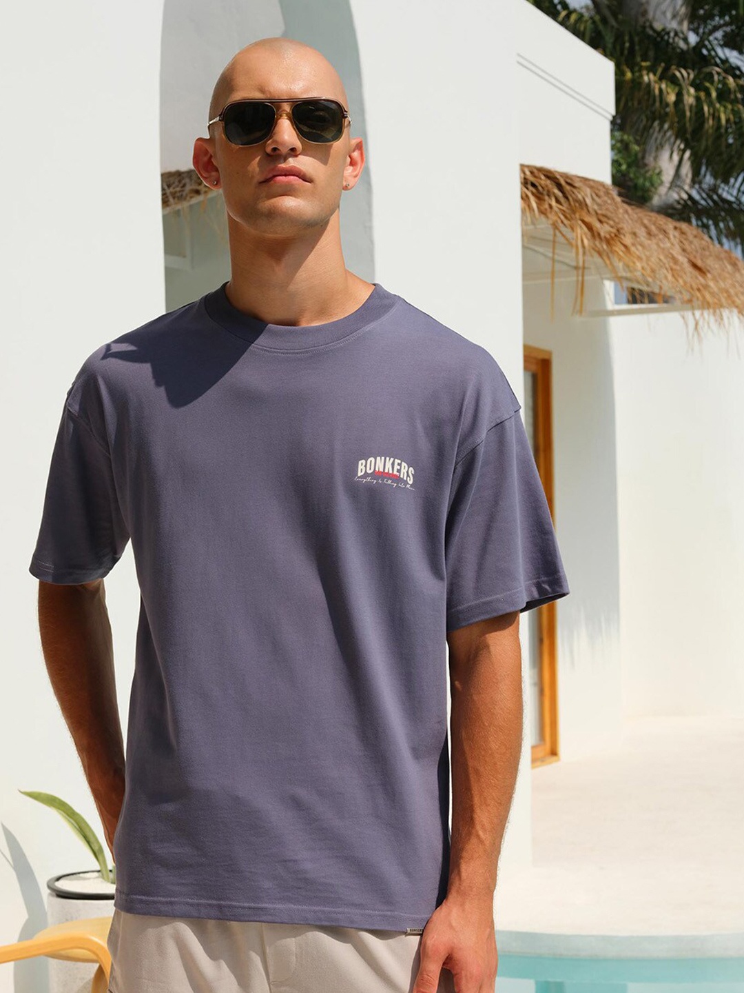 

Bonkers Corner Men Pure Cotton Round Neck Supima Oversized T-shirt, Blue
