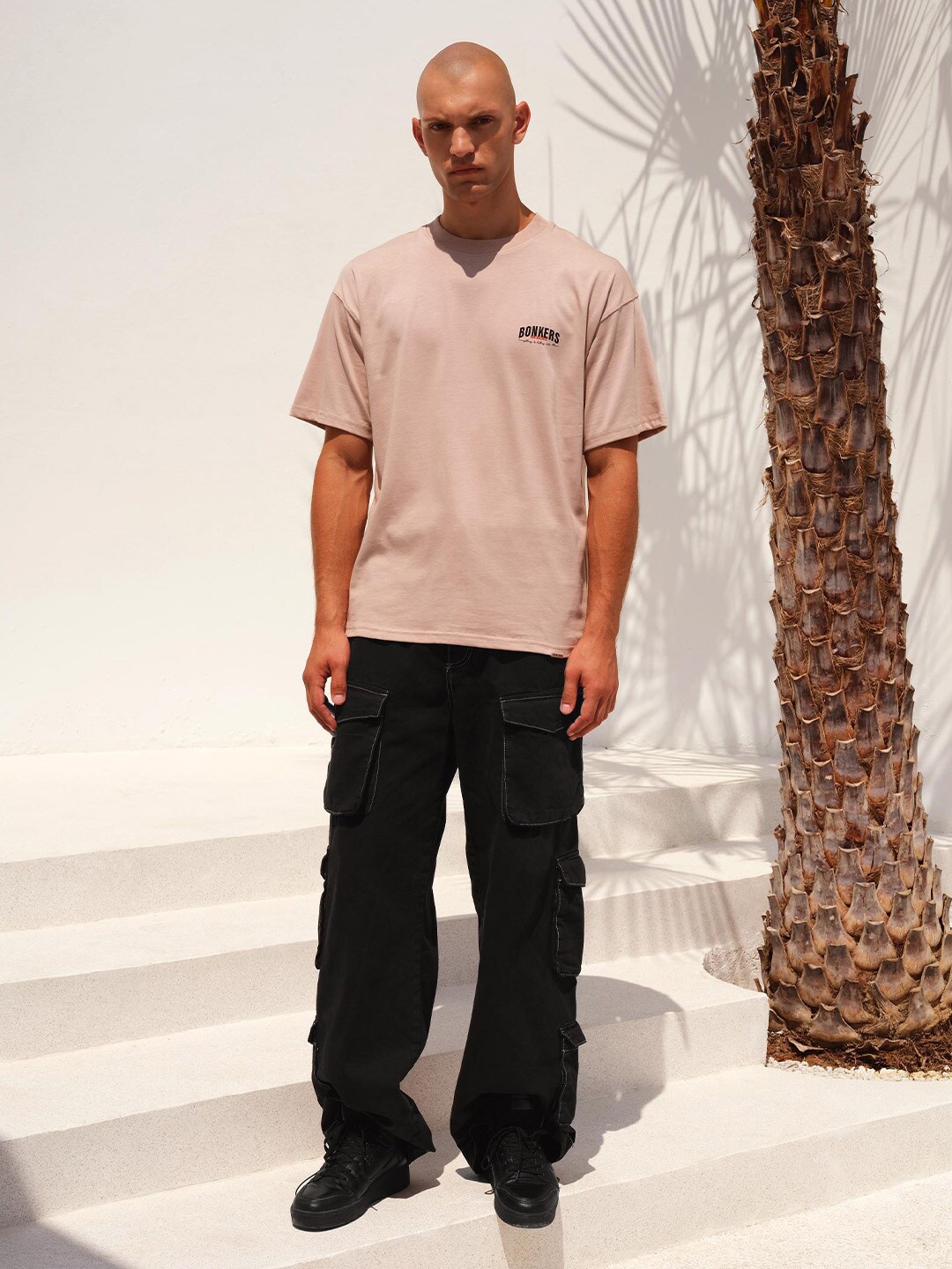 Bonkers Corner Men Pure Cotton Round Neck Supima Oversized T-shirt, Beige