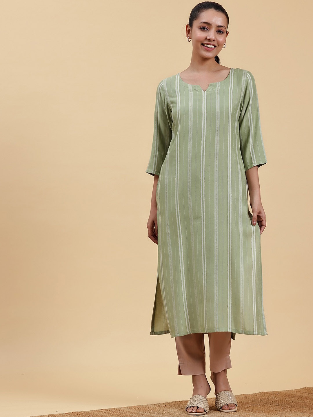 

Libas Women Striped Flared Sleeves Thread Work Jacquard Kurta, Green