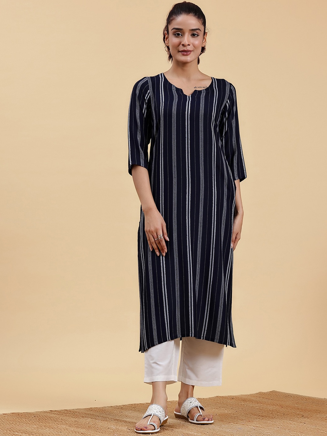 

Libas Women Striped Thread Work Jacquard Kurta, Navy blue