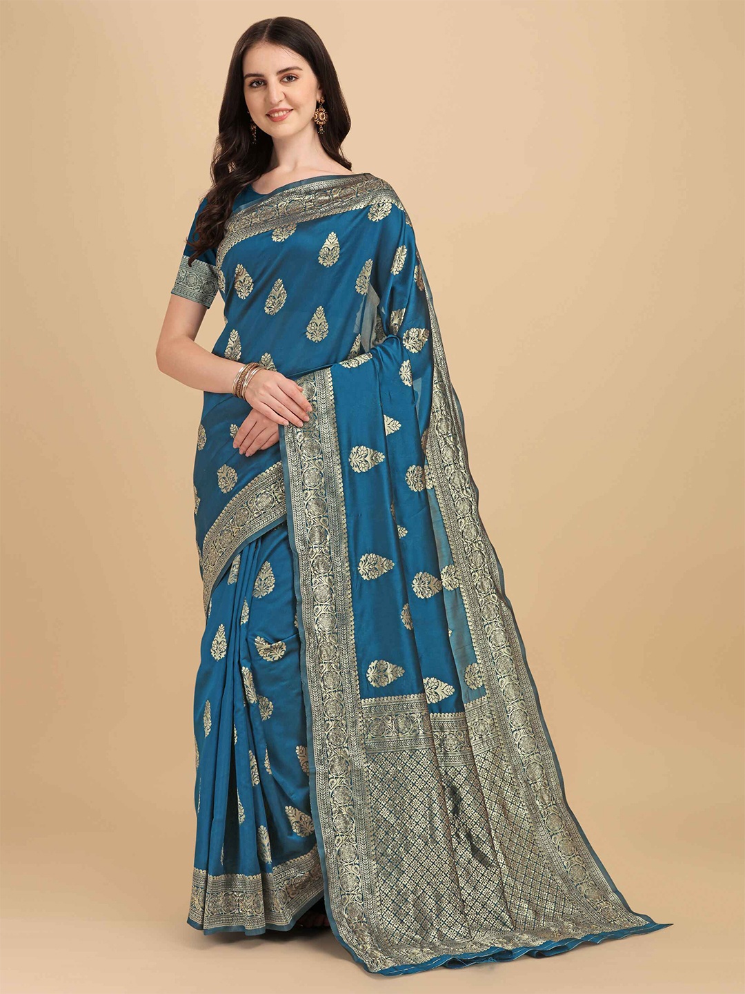 

Taslar Woven Design Zari Silk Cotton Banarasi Saree, Blue