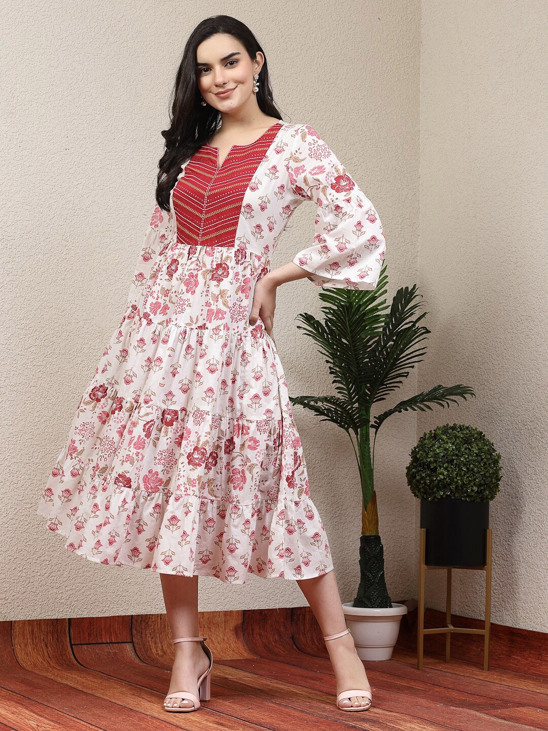 

Nayam By Lakshita Floral Printed Notched Neck Cotton A-Line Midi Dress, Red
