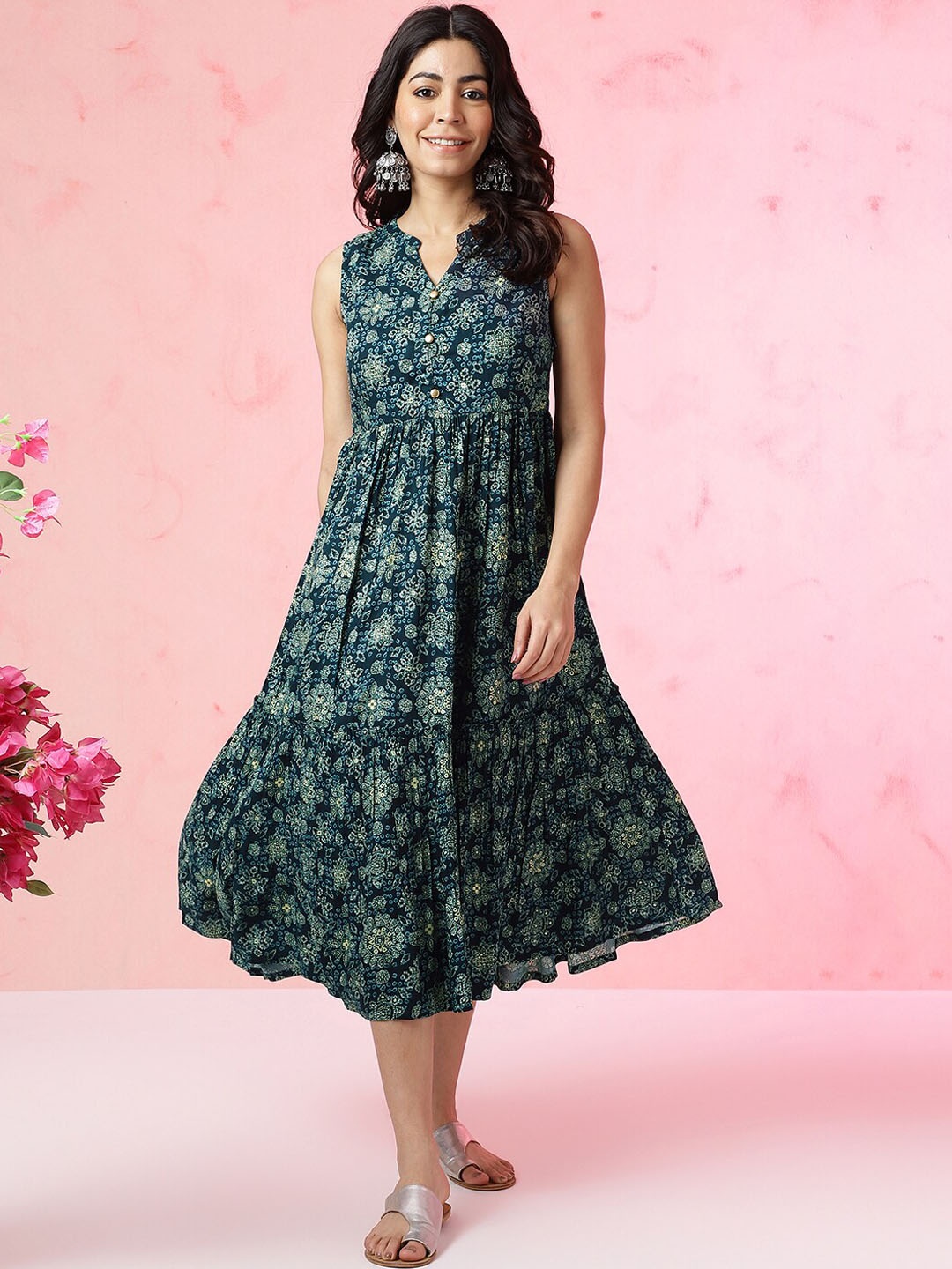 

Anouk Printed Tiered Ethnic Dress, Teal