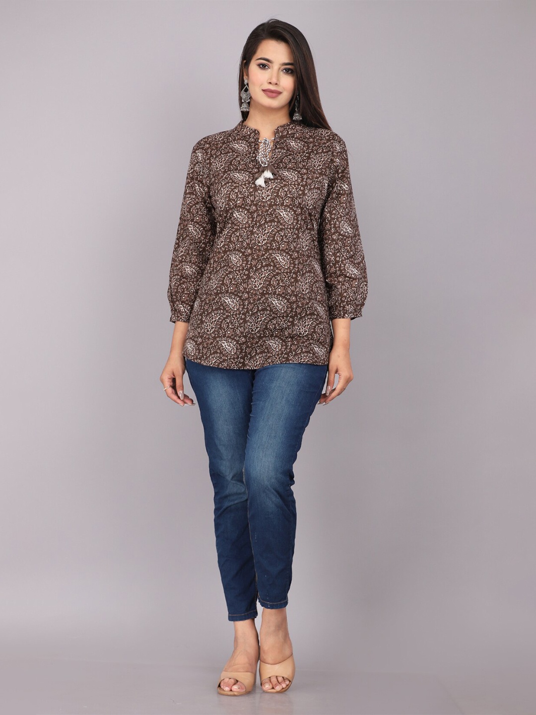 

HIGHLIGHT FASHION EXPORT Floral Print Mandarin Collar Cuffed Sleeves A-Line Top, Brown