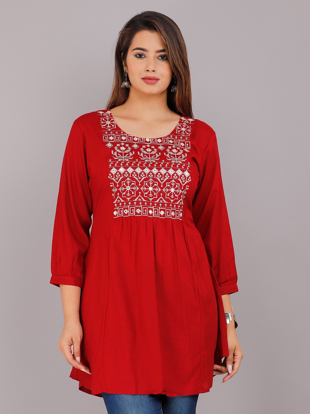 

HIGHLIGHT FASHION EXPORT Ethnic Motif Embroidered Peplum Top, Red