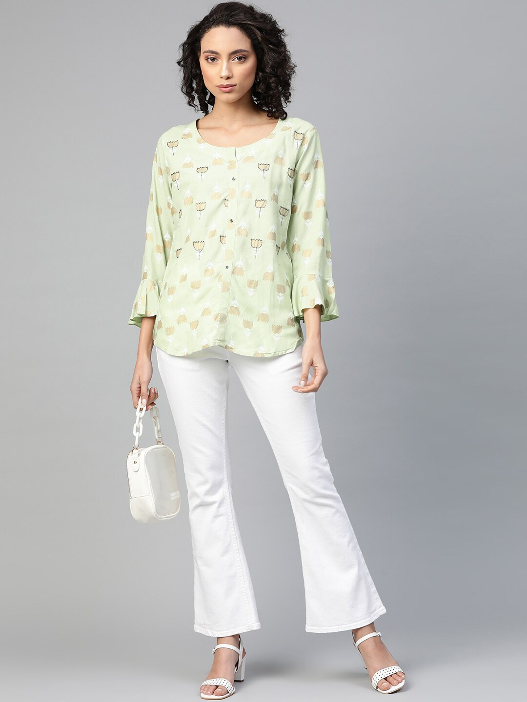 

HIGHLIGHT FASHION EXPORT Floral Printed Round Neck Bell Sleeve Top, Green