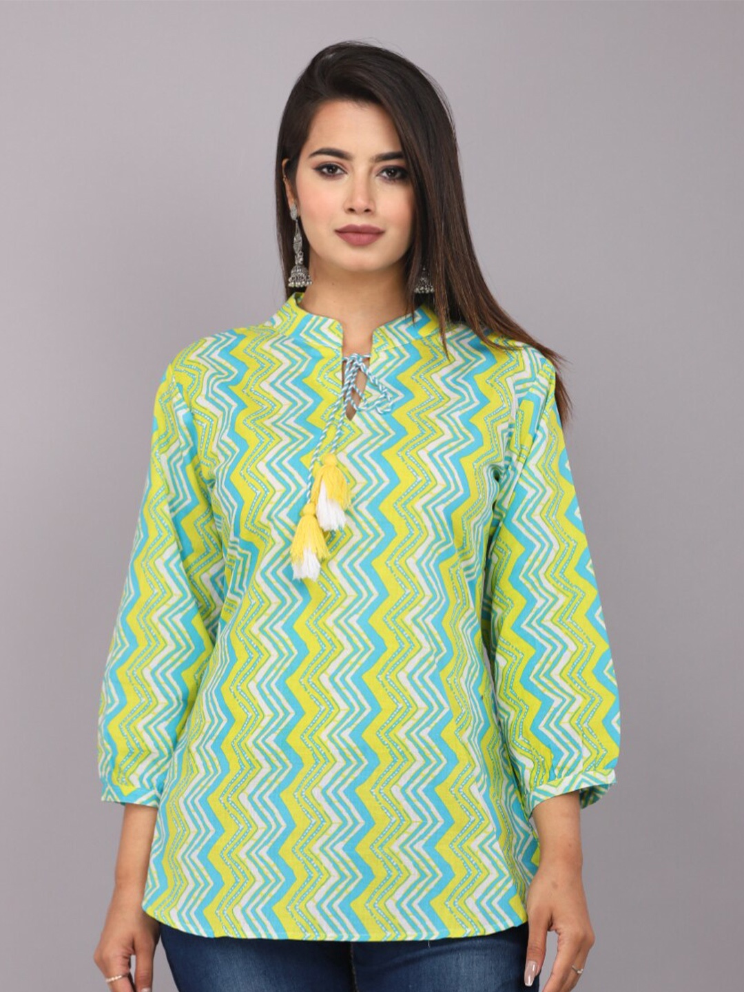 

HIGHLIGHT FASHION EXPORT Geometric Print Tie-Up Neck Shirt Style Top, Green