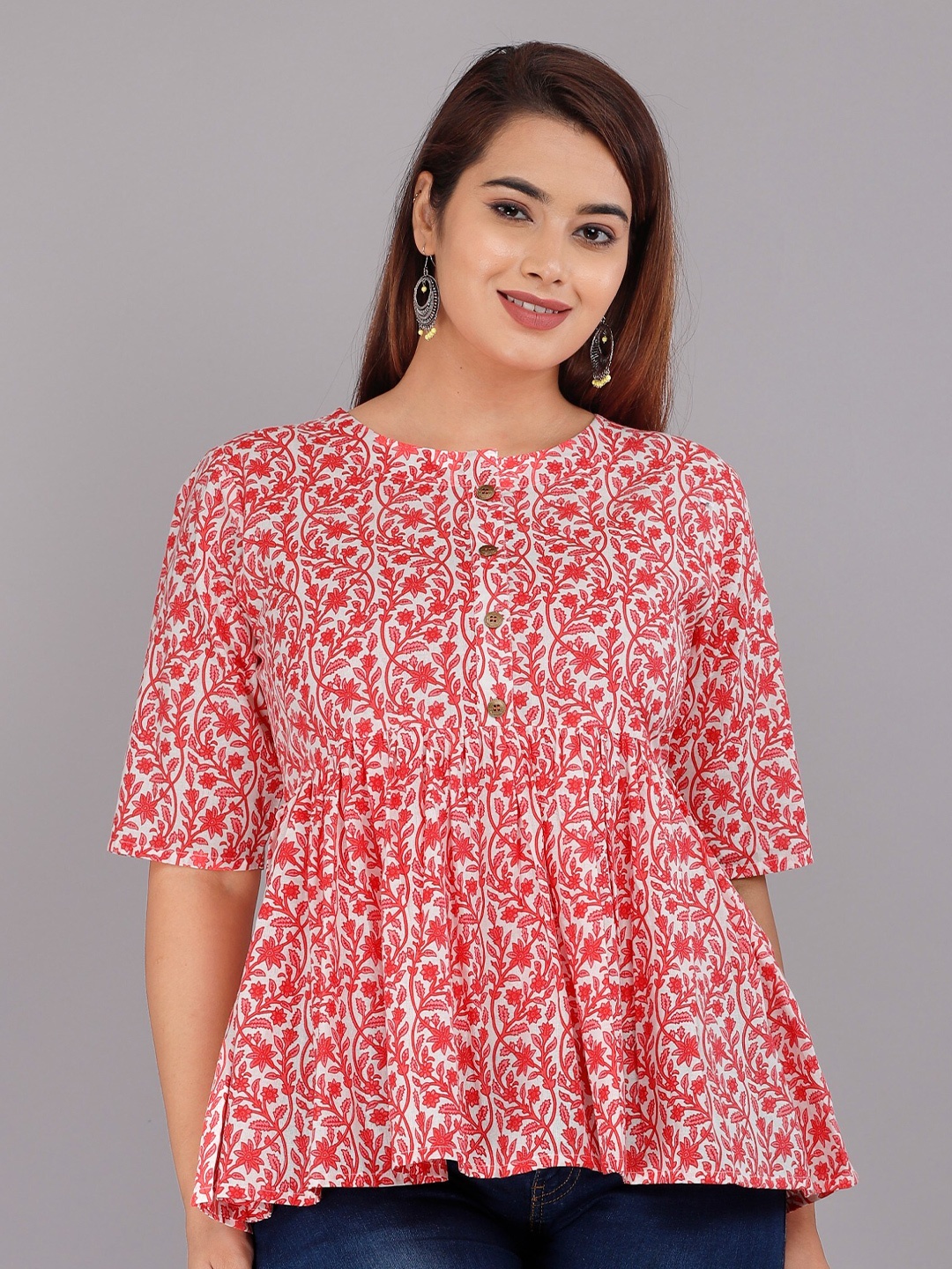 

HIGHLIGHT FASHION EXPORT Floral Printed Cotton Peplum Top, White