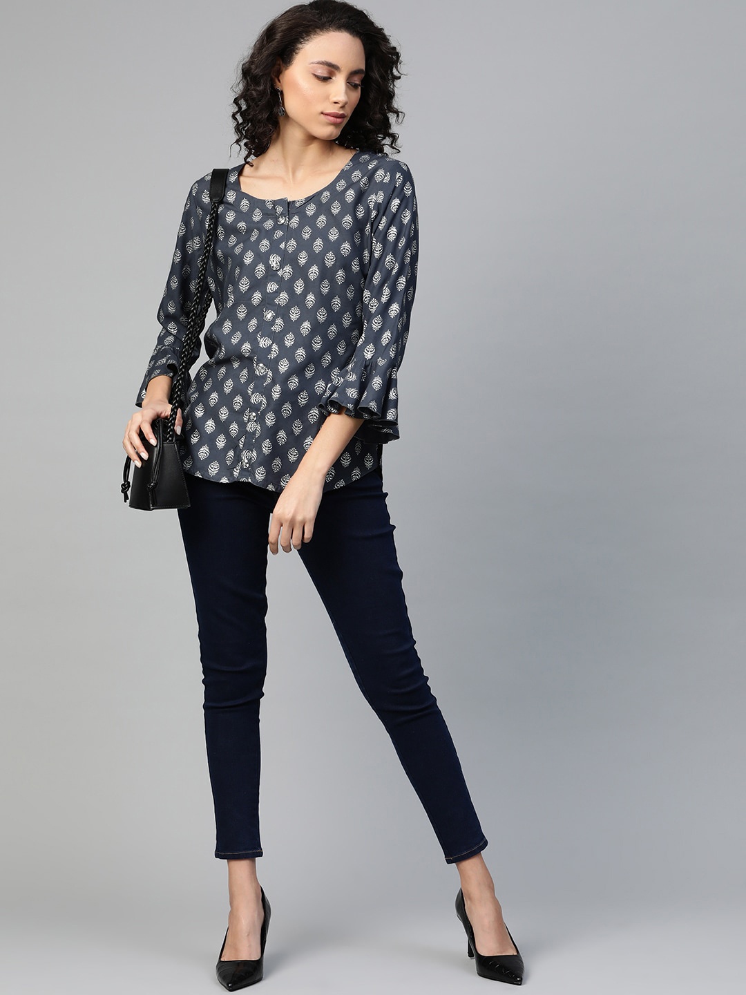 

HIGHLIGHT FASHION EXPORT Ethnic Motifs Print Top, Grey