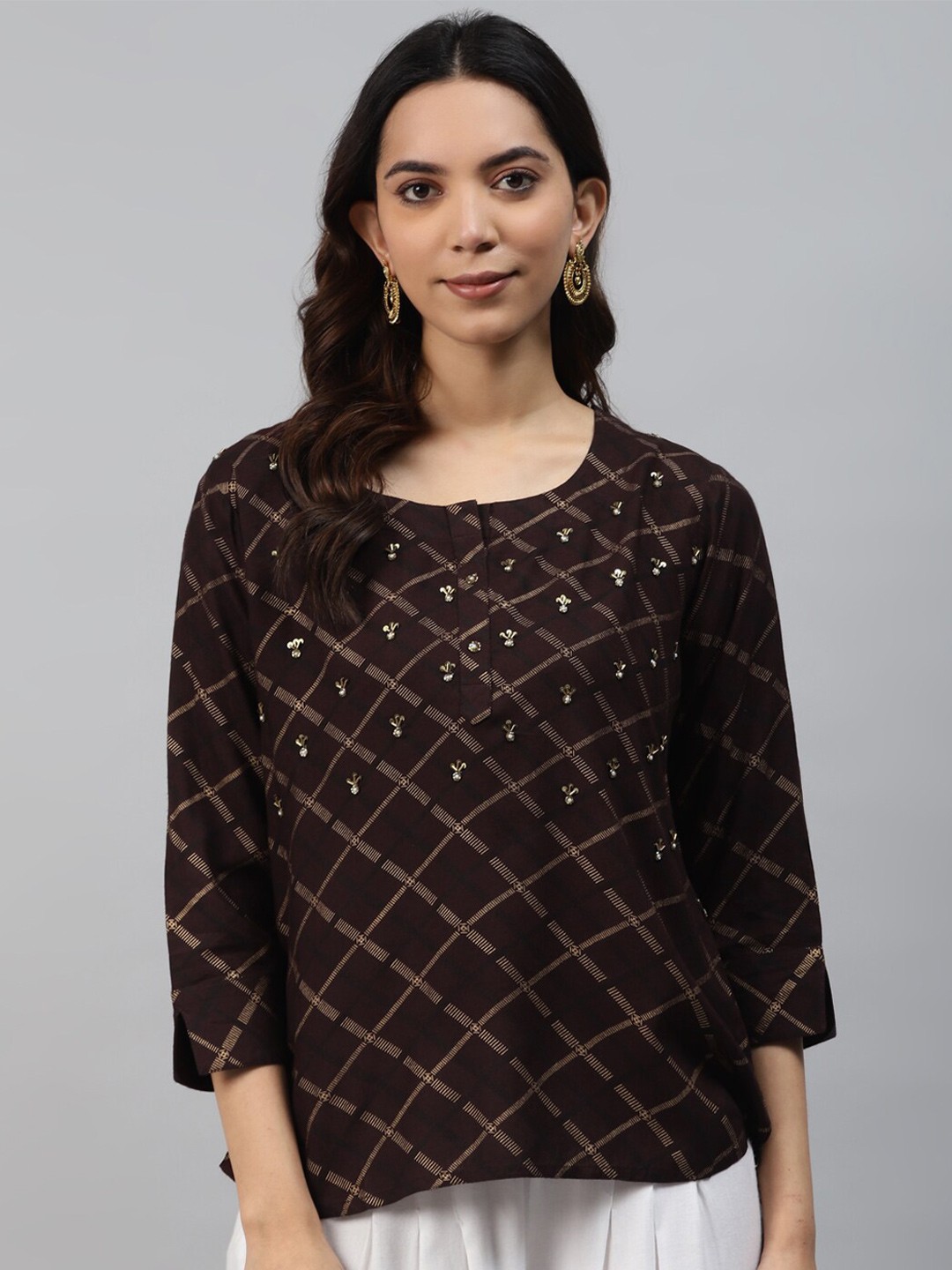 

HIGHLIGHT FASHION EXPORT Round Neck Geometric Printed Top, Brown