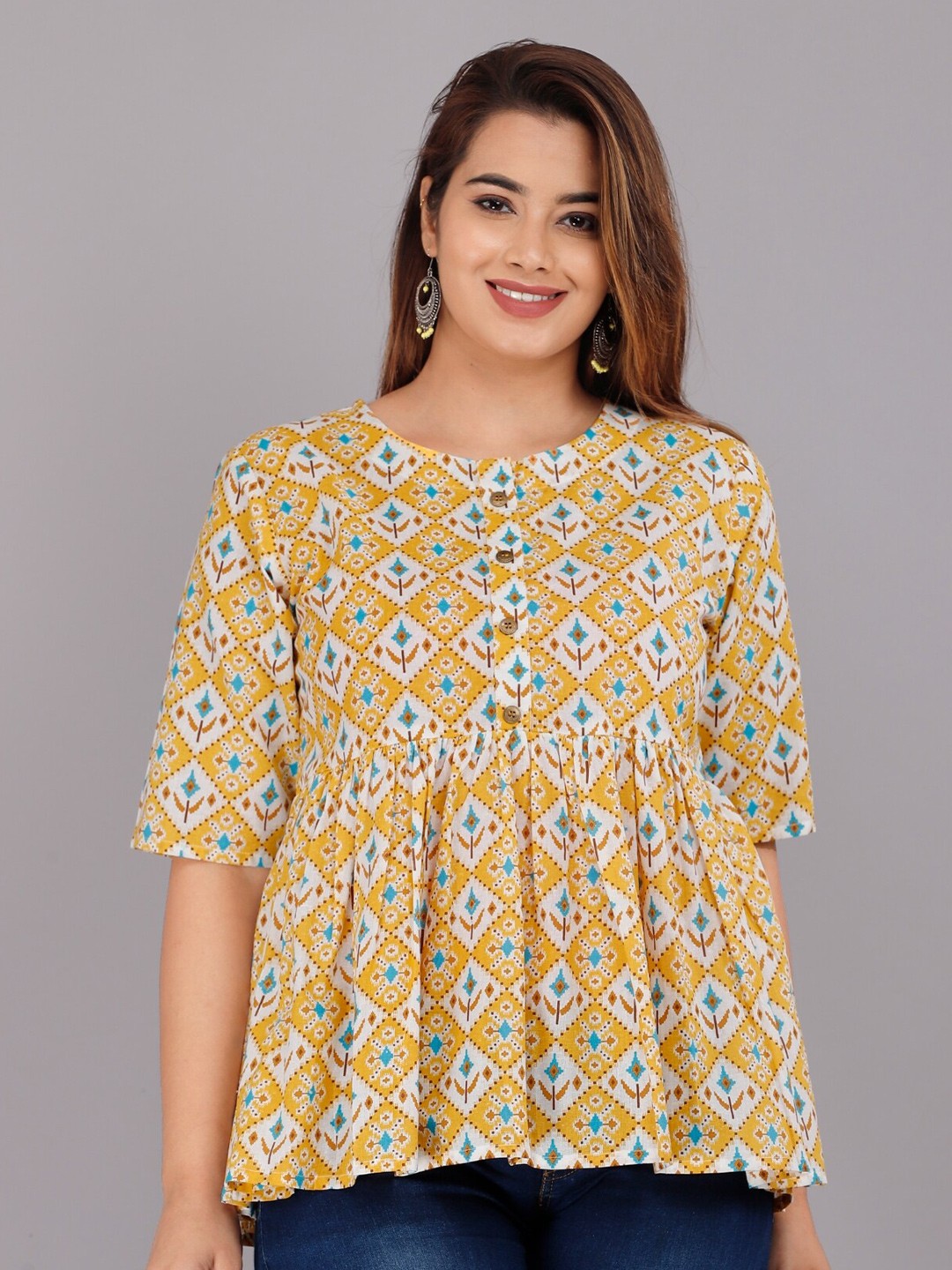 

HIGHLIGHT FASHION EXPORT Ethnic Motifs Print Cotton Empire Top, Yellow
