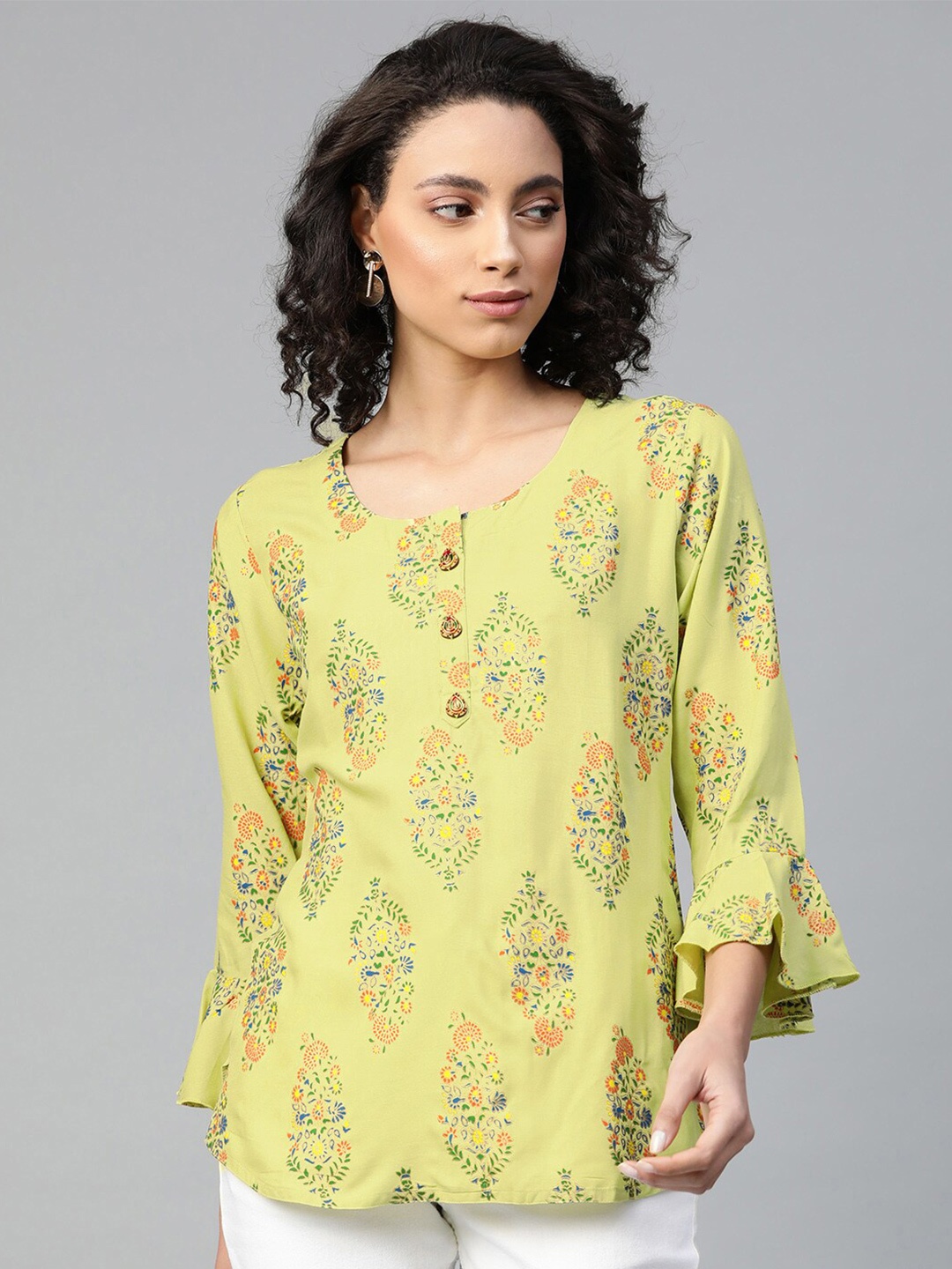 

HIGHLIGHT FASHION EXPORT Ethnic Motifs Printed Round Neck Bell Sleeve Top, Green