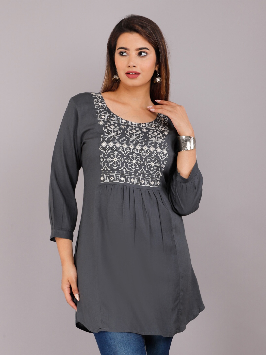 

HIGHLIGHT FASHION EXPORT Round Neck Embellished Top, Grey