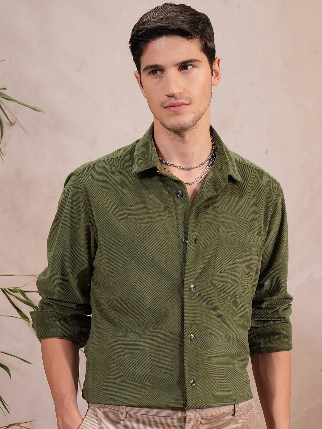 

Locomotive Luxe Men Textured Party Evening Shirt, Olive