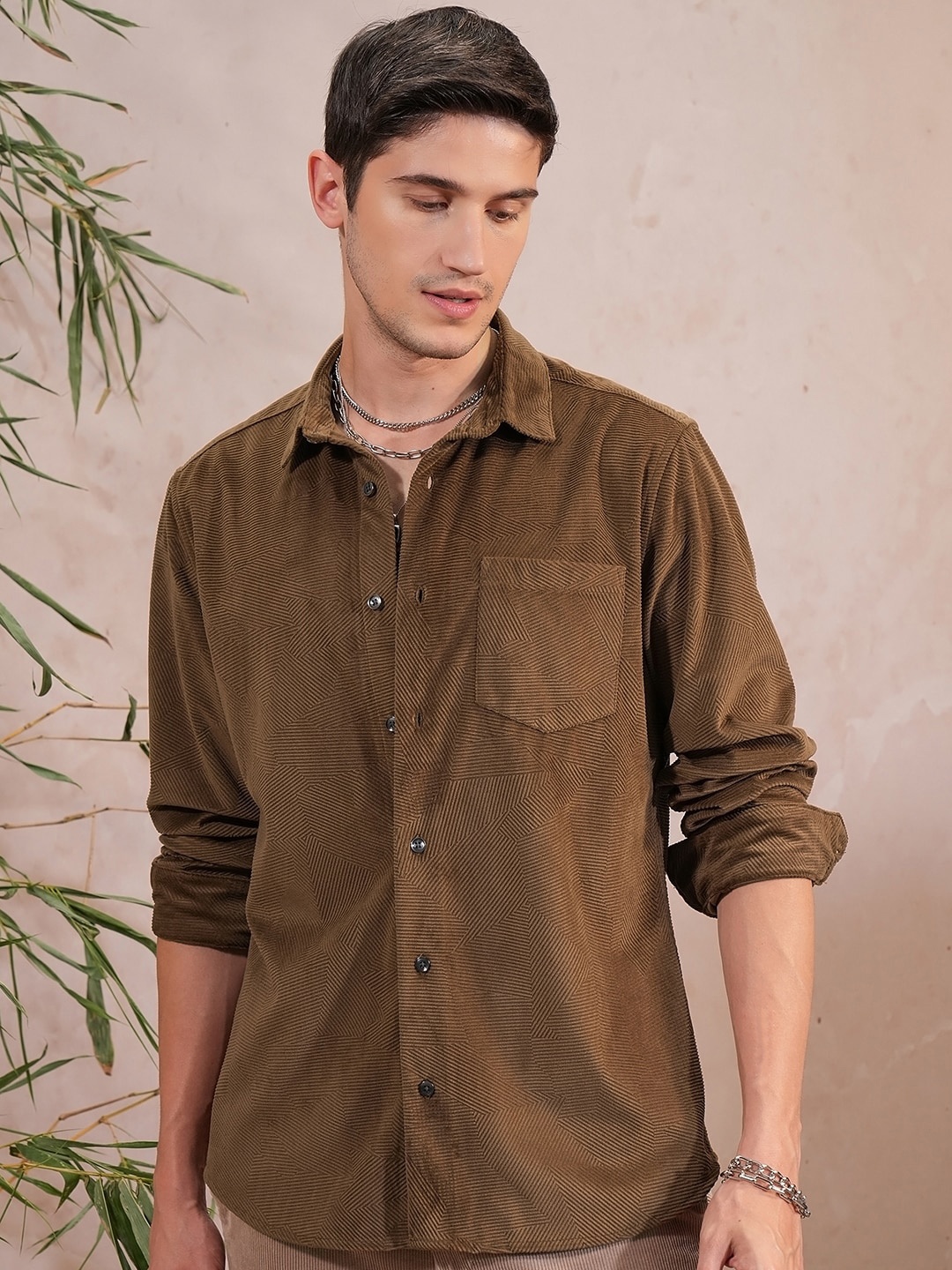 

LOCOMOTIVE Luxe Slim Fit Textured Party Evening Shirt, Brown