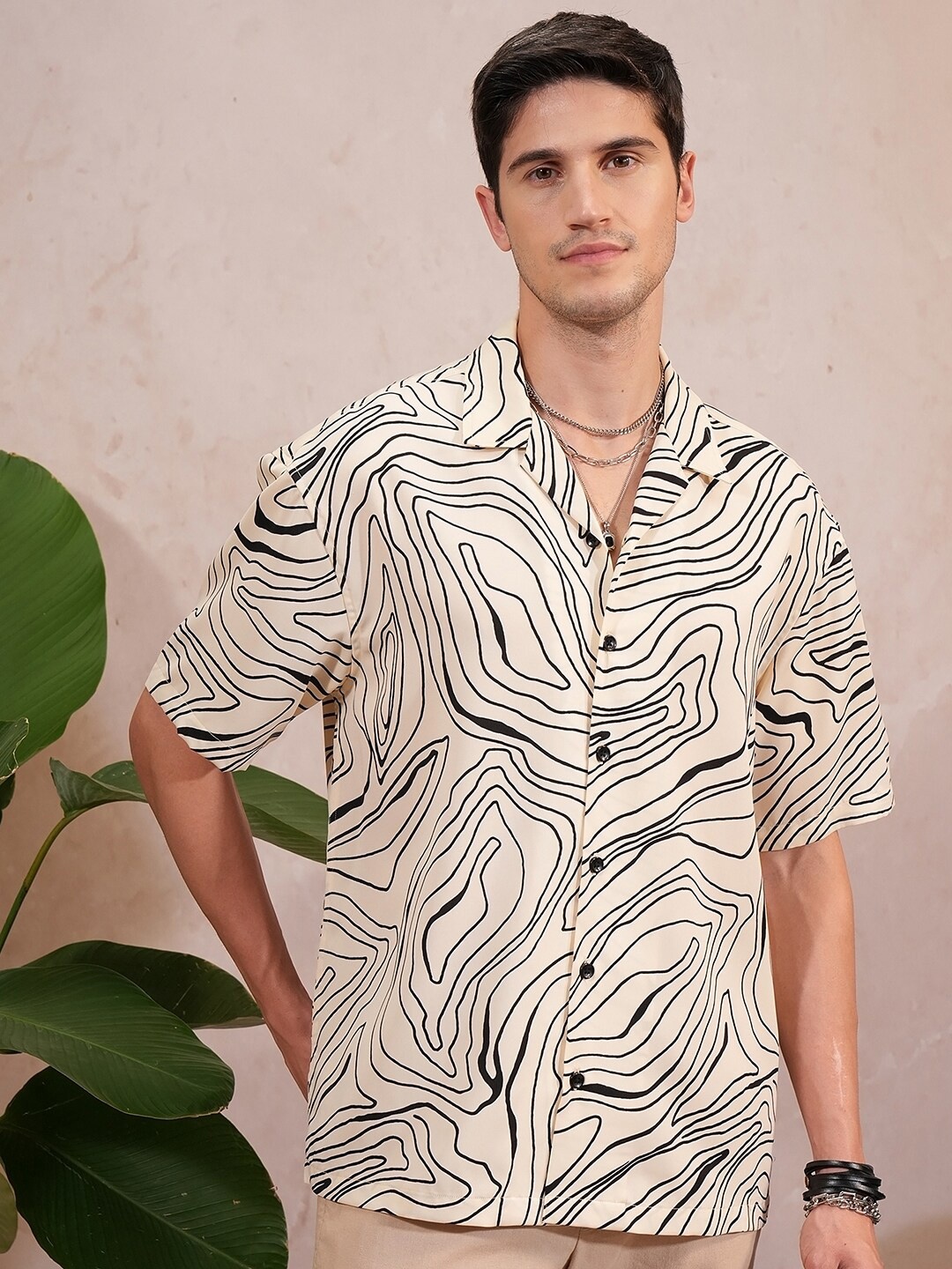 

LOCOMOTIVE Premium Abstract Printed Cuban Collar Opaque Oversized Casual Shirt, Cream