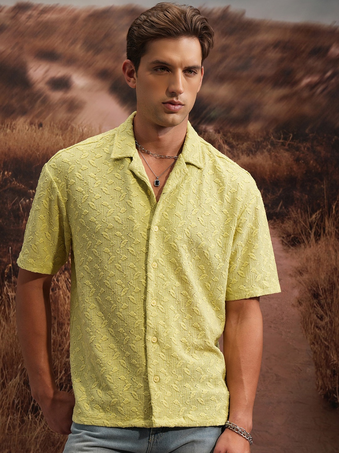 

Locomotive Premium Men Lime Green Knitted Cuban Collar Oversized Shirt, Yellow