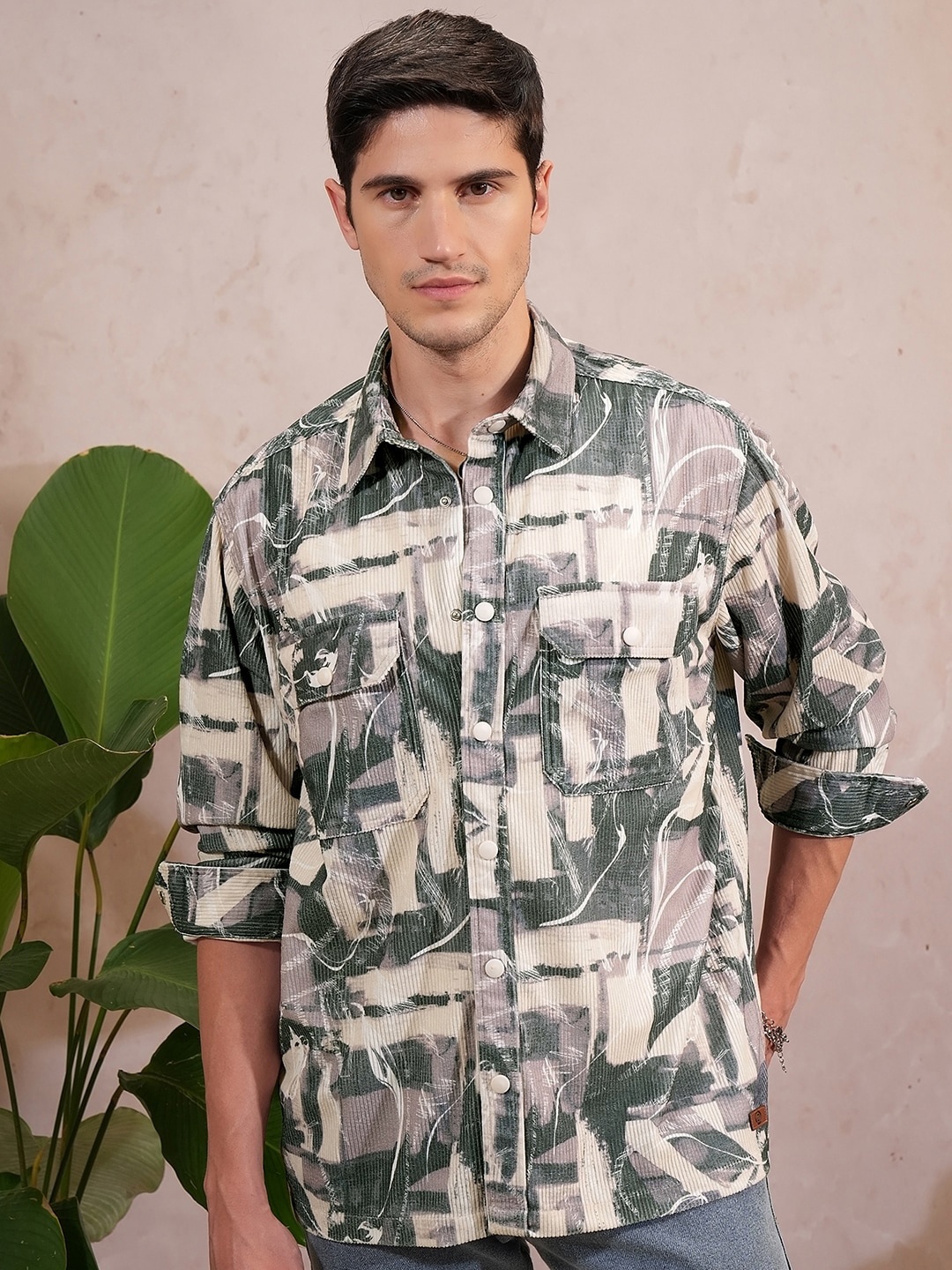 

Locomotive Premium Men Pink Cord Print Utilitypocket Oversized Shirt