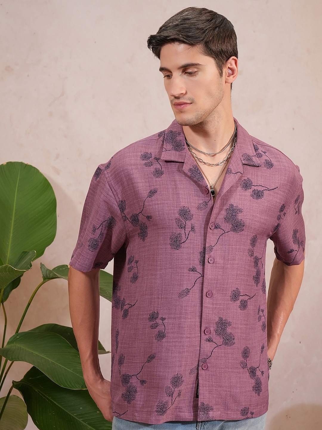 

Locomotive Premium Men Pink Linen Printed Cuban Collar Oversized Shirt