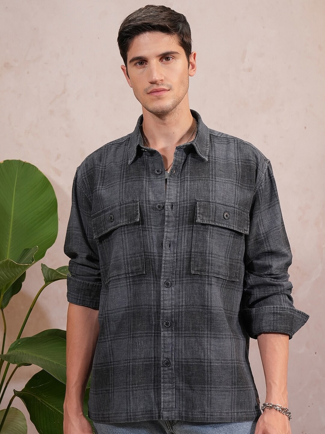 

Locomotive Premium Men Indigo Dobby Textured Checked Utility Pocket Overshirt, Grey