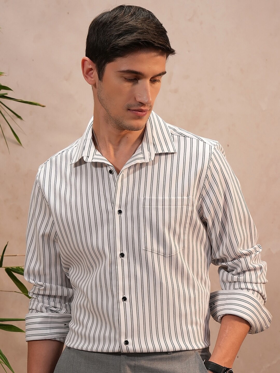 

Locomotive Luxe Men Dobby Textured Striped Party Evening Shirt, White