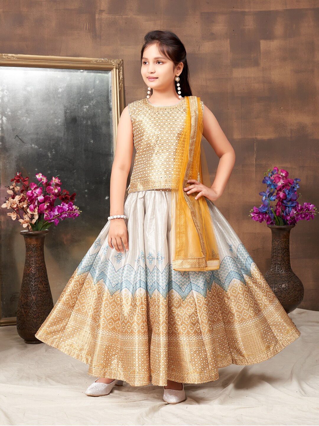 

Aarika Girls Embellished Beads and Stones Ready to Wear Lehenga & Blouse With Dupatta, Yellow