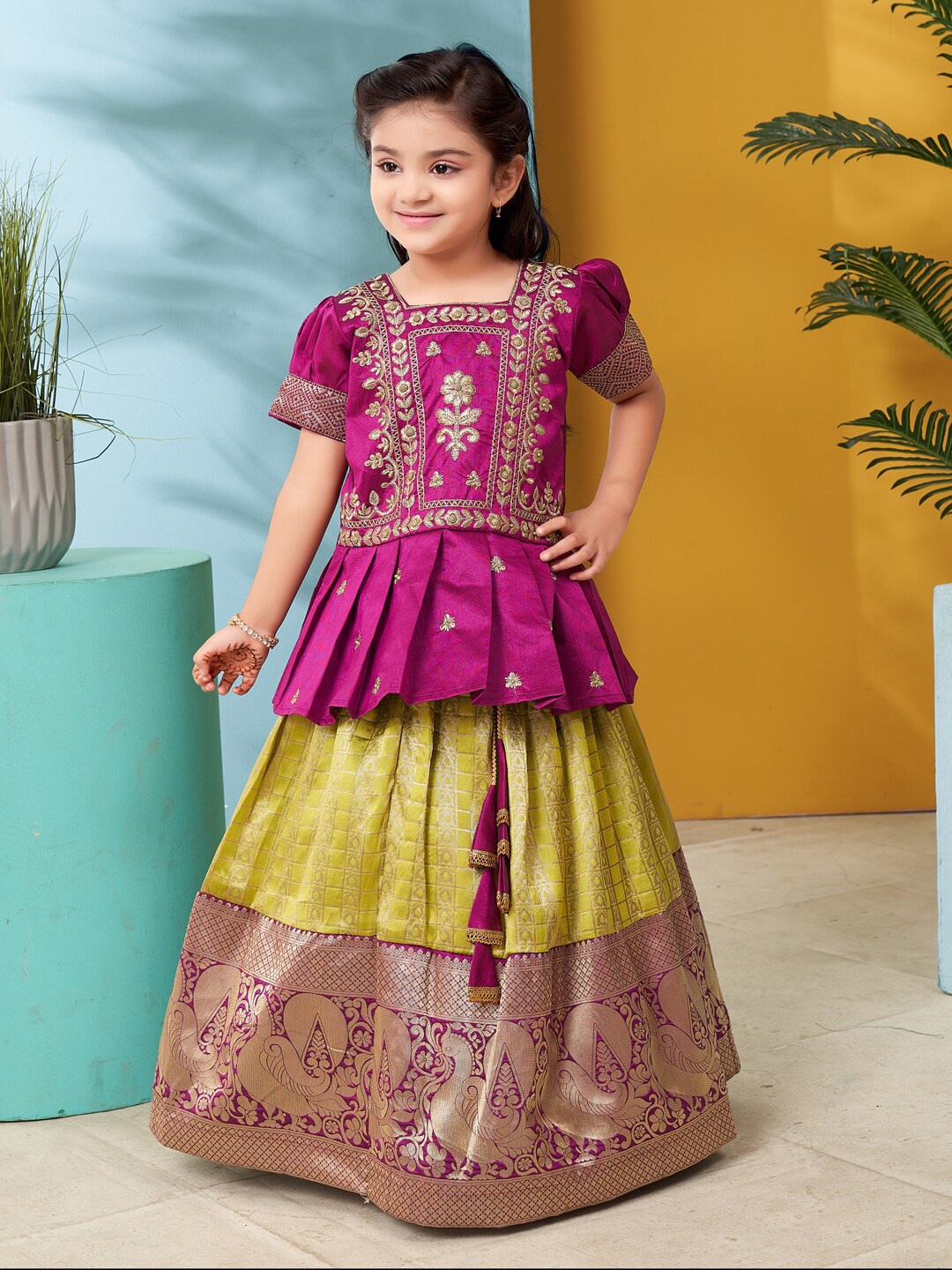 

Aarika Girls Embroidered Thread Work Ready to Wear Lehenga &, Purple
