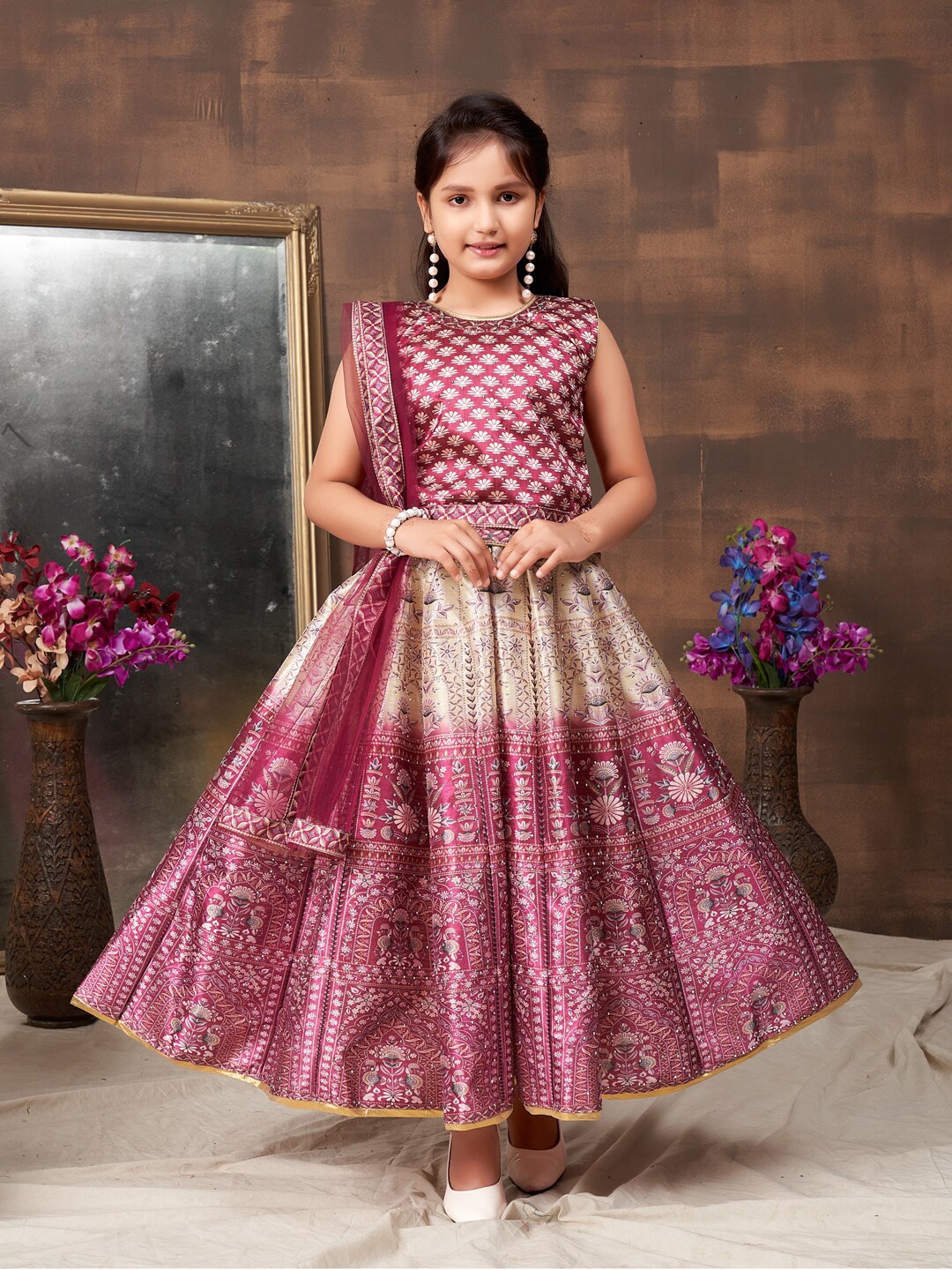 

Aarika Girls Printed Beads and Stones Ready to Wear Lehenga & Blouse With Dupatta, Burgundy