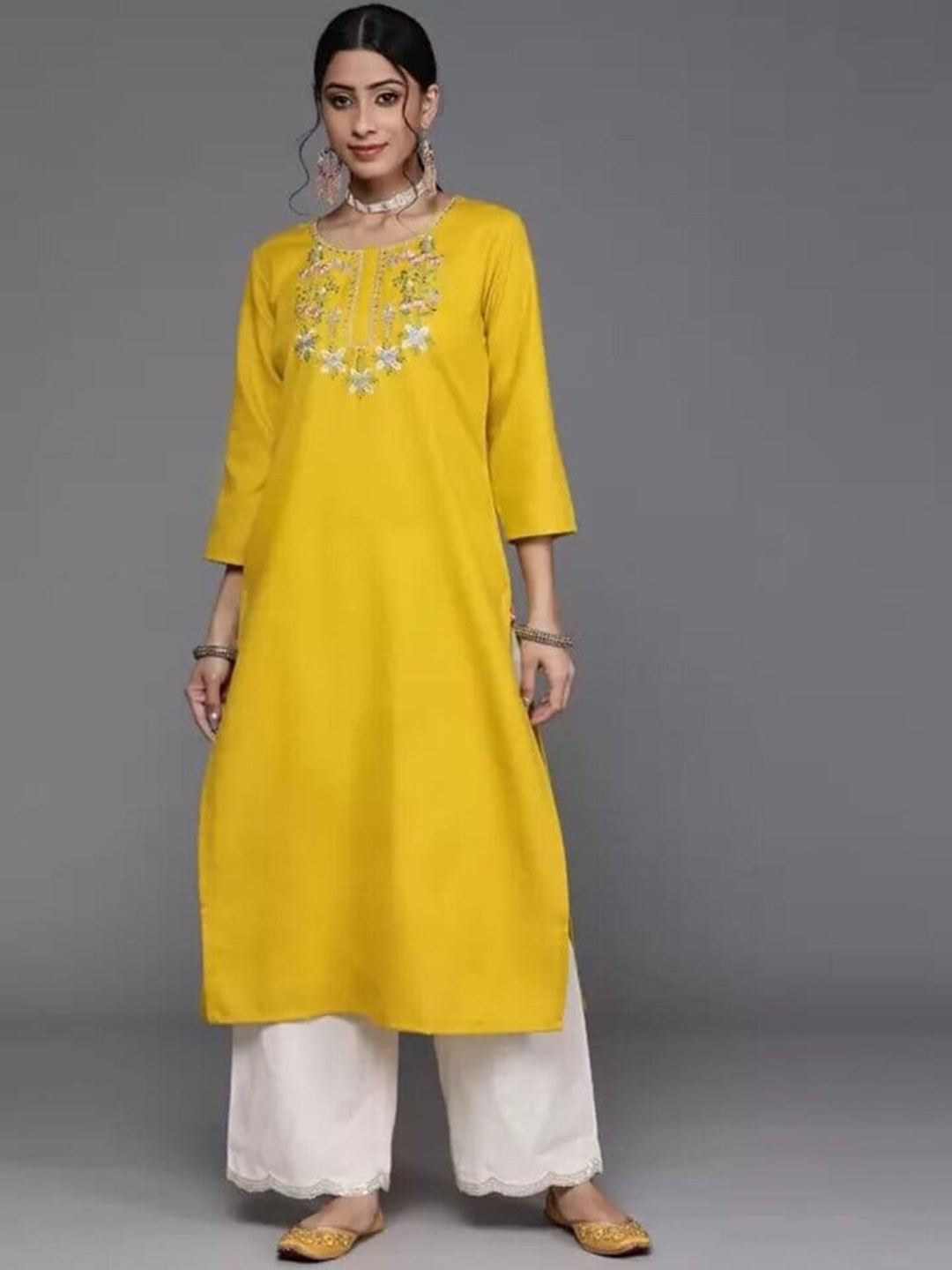 

Haute and Humble Floral Yoke Design Pure Cotton Thread Work Straight Kurta, Yellow
