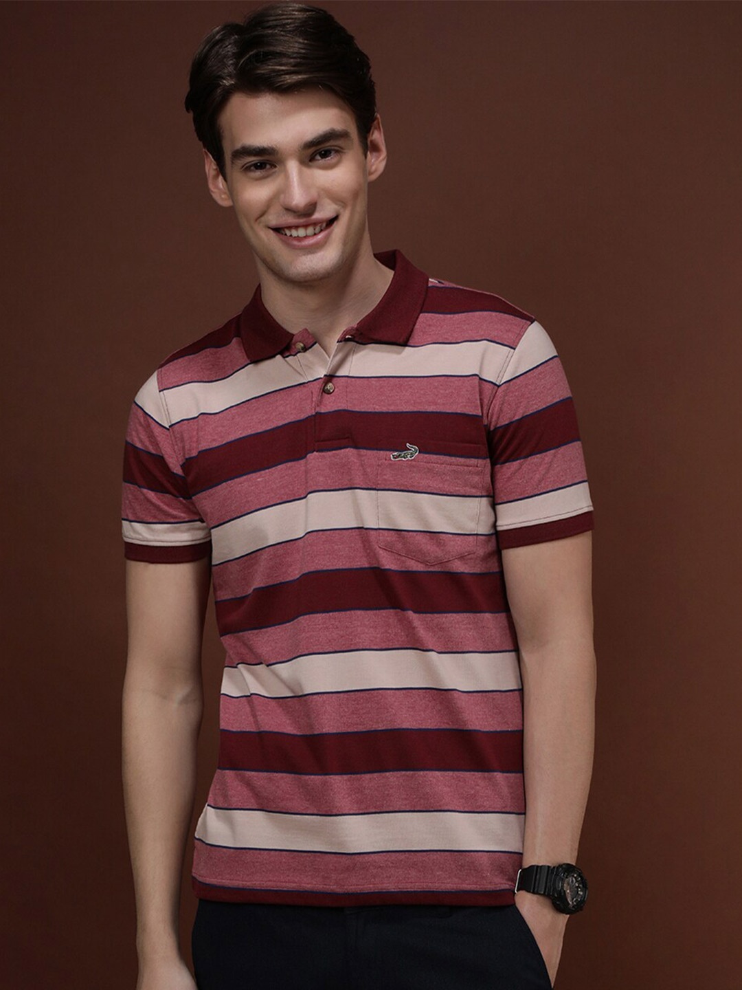 

Crocodile Striped Polo Collar Cotton Slim Fit T-shirt, Maroon