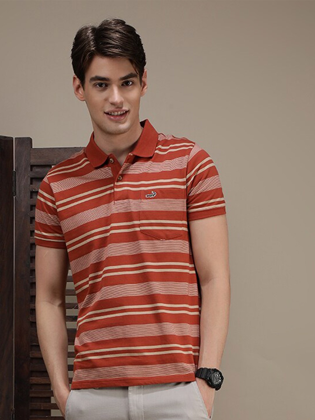

Crocodile Striped Polo Collar Slim Fit Cotton T-shirt, Red