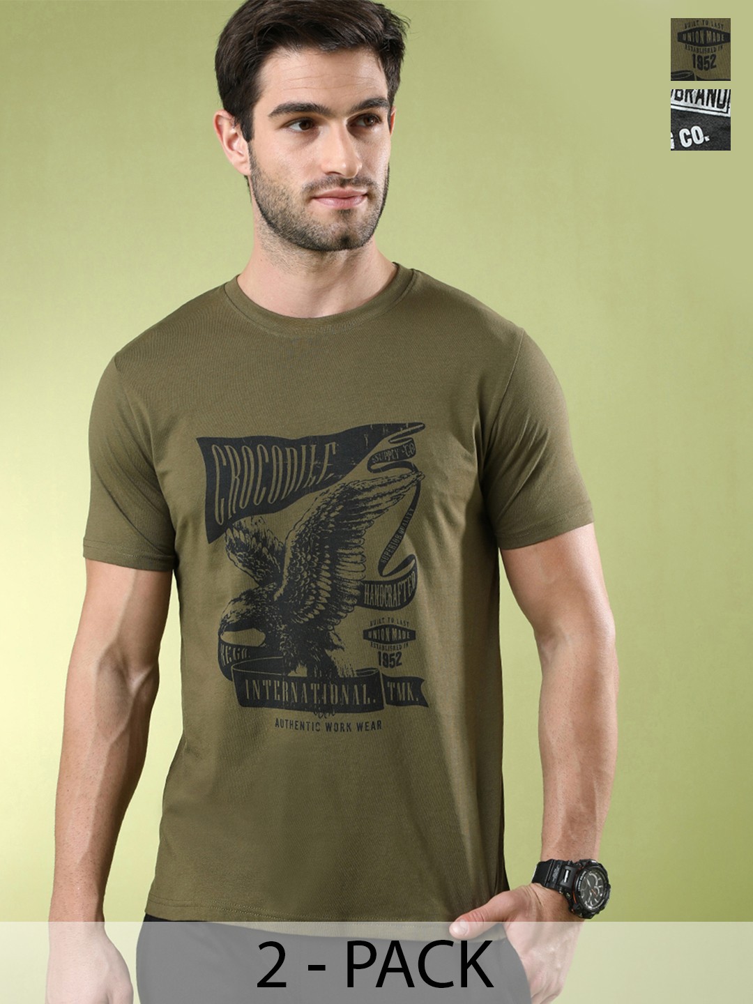 

Crocodile Pack Of 2 Typography Printed Slim Fit T-shirt, Olive