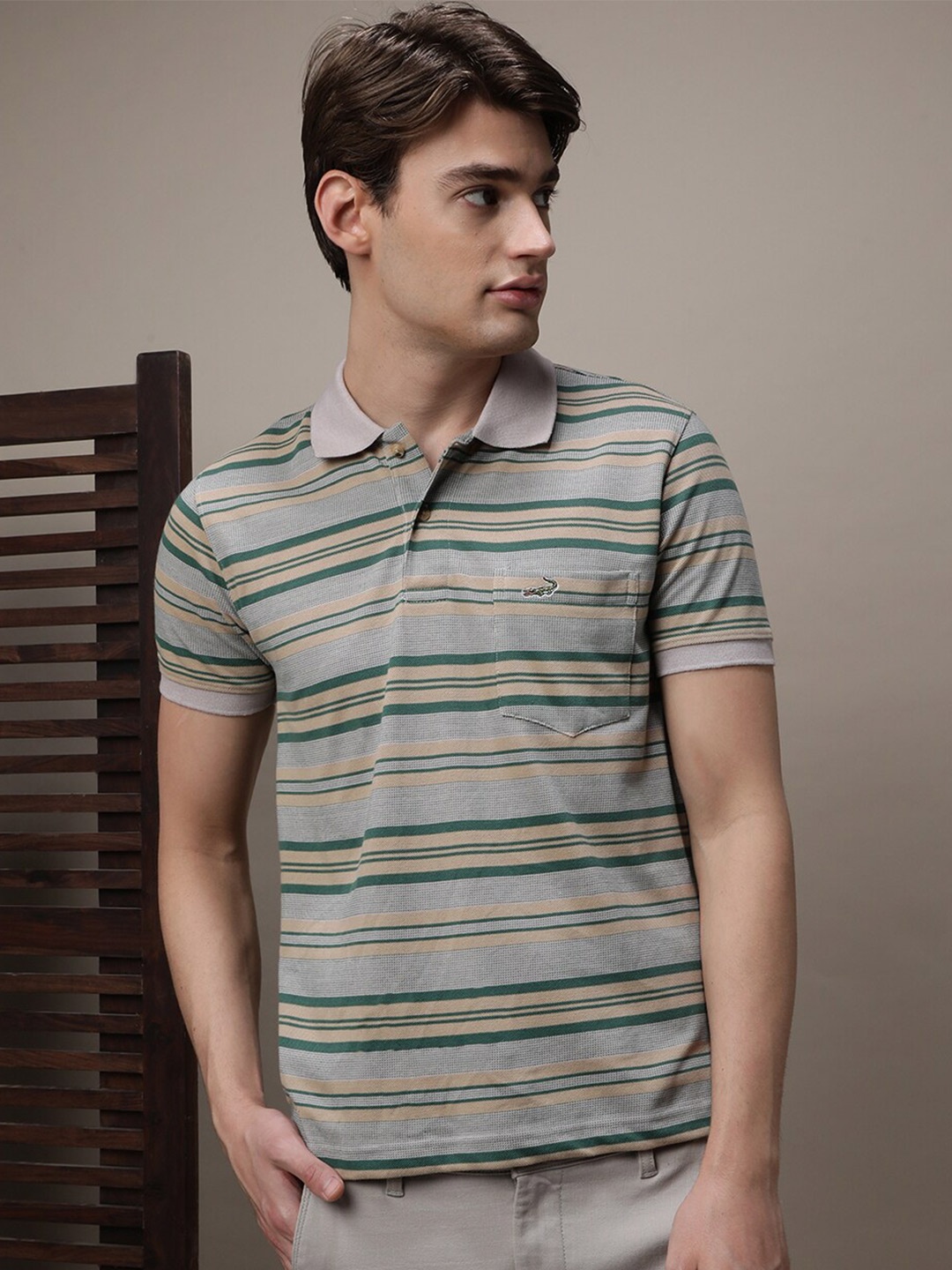 

Crocodile Striped Polo Collar Slim Fit Cotton T-shirt, Green