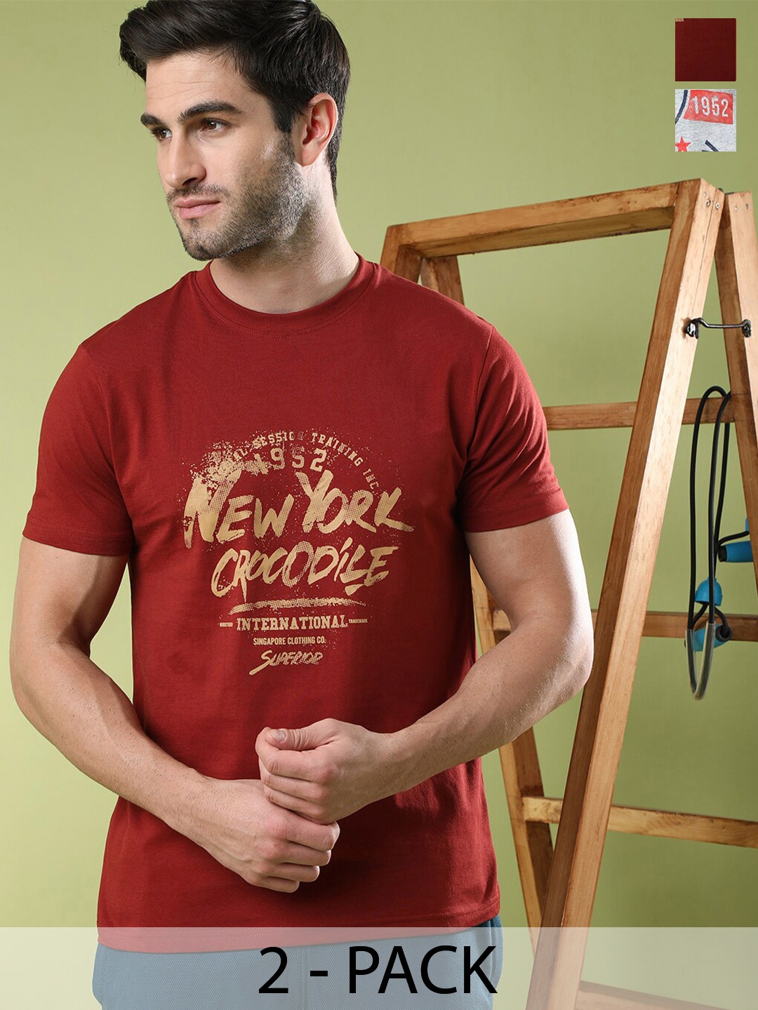 Crocodile Pack Of 2 Typography Printed Cotton Slim Fit T-shirt, Red