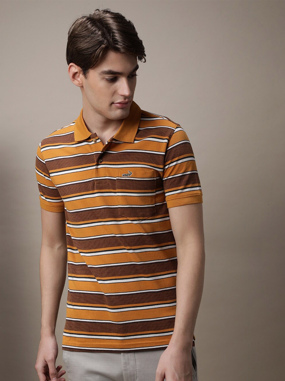 

Crocodile Striped Polo Collar Cotton Slim Fit T-shirt, Brown